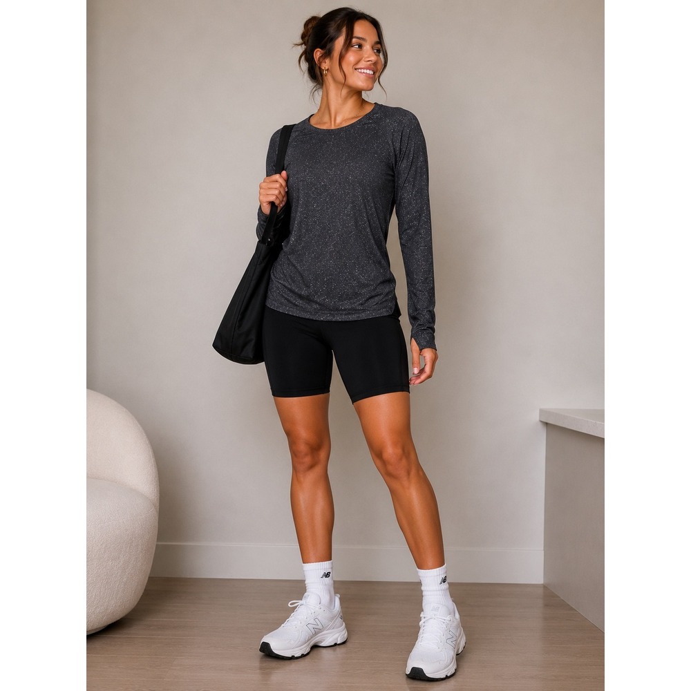 Athleta Momentum Seamless Long Sleeve Top Black Silver Glitter Shimmer Small